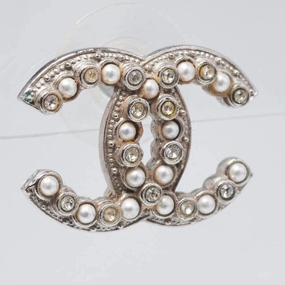 Chanel Silver Metal Faux Pearl and Crystal CC Stud Earrings - Picture 3 of 6